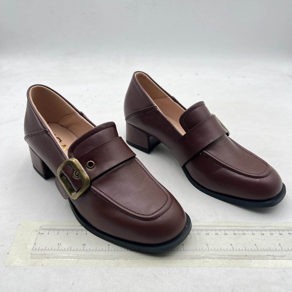 YDN Brown Square Toe Loafers Slip on Block Low Heel Pumps Buckle Fashion Shoes